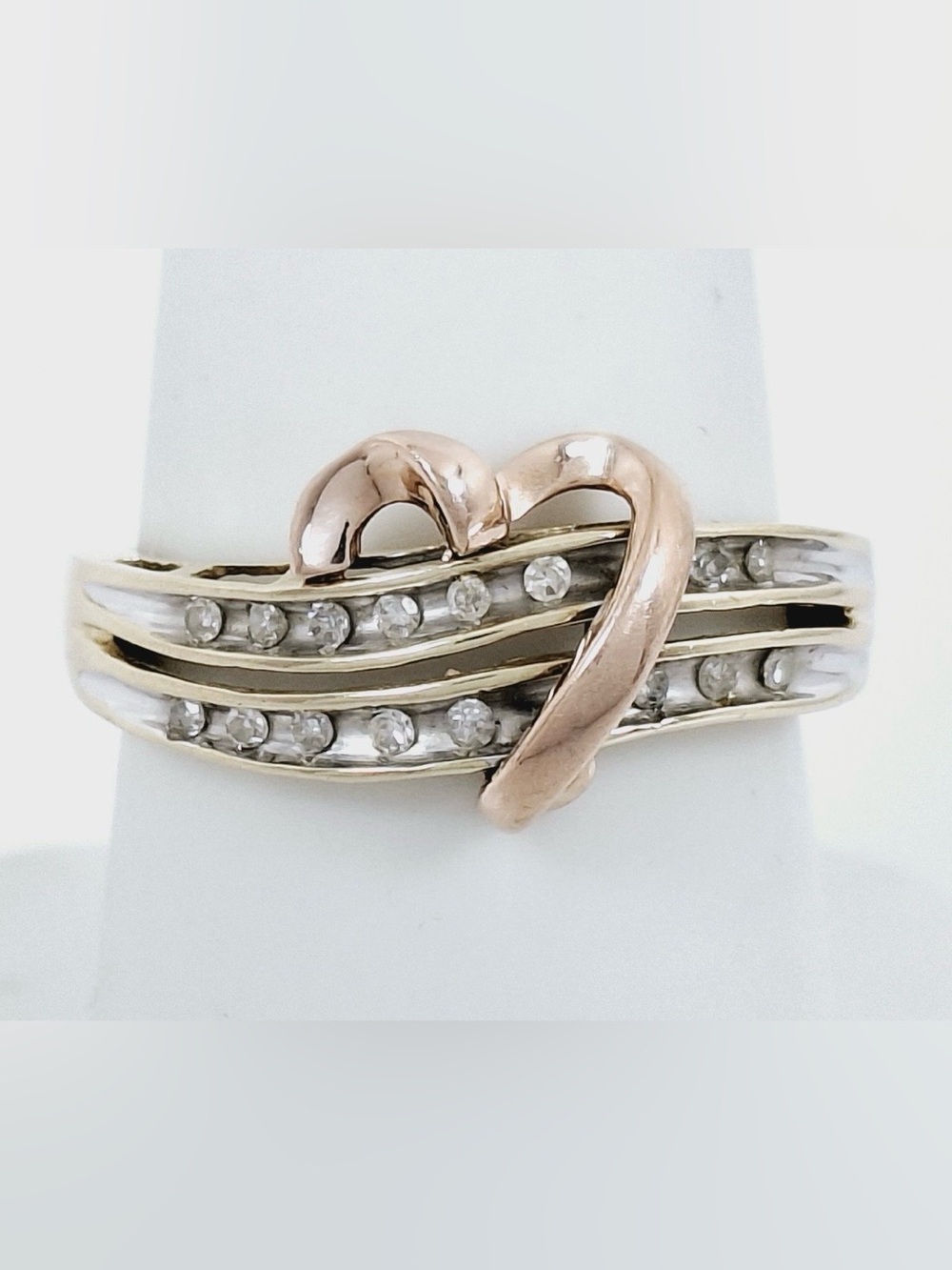 10k Two tone Gold Ring with Rose Gold heart & 16 small diamonds
